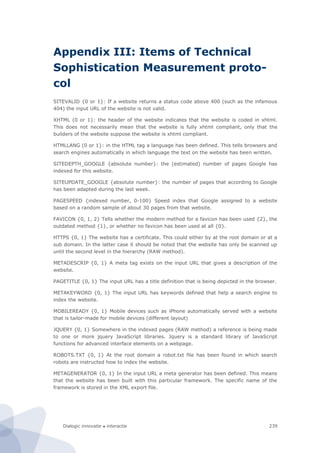 Dialogic innovatie ● interactie 239
Appendix III: Items of Technical
Sophistication Measurement proto-
col
SITEVALID {0 or 1}: If a website returns a status code above 400 (such as the infamous
404) the input URL of the website is not valid.
XHTML (0 or 1}: the header of the website indicates that the website is coded in xhtml.
This does not necessarily mean that the website is fully xhtml compliant, only that the
builders of the website suppose the website is xhtml compliant.
HTMLLANG (0 or 1}: in the HTML tag a language has been defined. This tells browsers and
search engines automatically in which language the text on the website has been written.
SITEDEPTH_GOOGLE {absolute number}: the (estimated) number of pages Google has
indexed for this website.
SITEUPDATE_GOOGLE {absolute number}: the number of pages that according to Google
has been adapted during the last week.
PAGESPEED {indexed number, 0-100} Speed index that Google assigned to a website
based on a random sample of about 30 pages from that website.
FAVICON {0, 1, 2} Tells whether the modern method for a favicon has been used {2}, the
outdated method {1}, or whether no favicon has been used at all {0}.
HTTPS {0, 1} The website has a certificate. This could either by at the root domain or at a
sub domain. In the latter case it should be noted that the website has only be scanned up
until the second level in the hierarchy (RAW method).
METADESCRIP {0, 1} A meta tag exists on the input URL that gives a description of the
website.
PAGETITLE {0, 1} The input URL has a title definition that is being depicted in the browser.
METAKEYWORD {0, 1} The input URL has keywords defined that help a search engine to
index the website.
MOBILEREADY {0, 1} Mobile devices such as iPhone automatically served with a website
that is tailor-made for mobile devices (different layout)
JQUERY {0, 1} Somewhere in the indexed pages (RAW method) a reference is being made
to one or more jquery JavaScript libraries. Jquery is a standard library of JavaScript
functions for advanced interface elements on a webpage.
ROBOTS.TXT {0, 1} At the root domain a robot.txt file has been found in which search
robots are instructed how to index the website.
METAGENERATOR {0, 1} In the input URL a meta generator has been defined. This means
that the website has been built with this particular framework. The specific name of the
framework is stored in the XML export file.
 