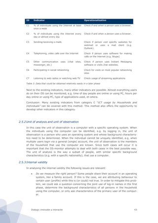 Dialogic innovatie ● interactie 43
ID Indicator Operationalization
C1 % of individuals using the Internet at least
once a week
Check if and when a person uses a browser.
C2 % of individuals using the Internet every
day or almost every day
Check if and when a person uses a browser.
C3 Sending/receiving e-mails Check if person visit specific websites for
webmail or uses a mail client (e.g.
Outlook).
C4 Telephoning, video calls over the Internet Check if person uses software for making
calls on the internet (e.g. Skype)
C5 Other communication uses (chat sites,
messenger, etc.)
Check if person uses Instant Messaging
software or visits chat websites.
C6 Participating in social networking Check for visits on most popular networking
sites
C7 Listening to web radios or watching web TV Check usage of streaming applications
Table 3. Data that could be obtained relatively easily in a later phase
Next to the existing indicators, many other indicators are possible. Almost everything users
do on their OS can be monitored, e.g. time of day people are online or using PC, hours per
day online or using PC, type of applications used, et cetera.
Conclusion: Many existing indicators from category C “ICT usage by Households and
Individuals” can be covered with this method. This method also offers the opportunity to
develop other indicators in this category.
2.5.2 Unit of analysis and unit of observation
In this case the unit of observation is a computer with a specific operating system. When
the individuals using the computer can be identified, e.g. by logging in, the unit of
observation is a person who uses an operating system and whose background characteris-
tics need to be determined. When the individual cannot be uniquely identified, e.g. when
multiple users login via a general (single) account, the unit of observation is the members
of the household that use the computer are known. Since both cases will occur it is
important that the OS-monitor attempts to deal with both cases in the best possible way.
The unit of analysis is the way a subset of people, with similar specific background
characteristics (e.g. with a specific nationality), that use a computer.
2.5.3 Internal validity
In analysing the internal validity the following issues are relevant:
 Do we measure the right person? Some people share their account in an operating
system, like a family account. If this is the case, we are attributing behaviour to
certain user (profile) while this is (or could) not true. In order to mitigate this prob-
lem, we could ask a question concerning the joint use of log-in names in the first
phase, determine the background characteristics of all persons in the household
using the computer, or only ask characteristics of the primary user of the comput-
er.
 