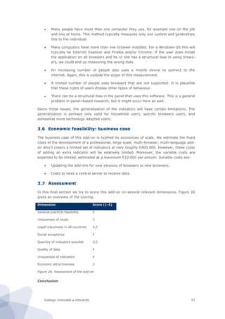 Dialogic innovatie ● interactie 57
 Many people have more than one computer they use, for example one on the job
and one at home. This method typically measures only one system and generalizes
this to the individual.
 Many computers have more than one browser installed. For a Windows OS this will
typically be Internet Explorer and Firefox and/or Chrome. If the user does install
the application on all browsers and he or she has a structural bias in using brows-
ers, we could end up measuring the wrong data.
 An increasing number of people also uses a mobile device to connect to the
internet. Again, this is outside the scope of this measurement.
 A limited number of people uses browsers that are not supported. It is plausible
that these types of users display other types of behaviour.
 There can be a structural bias in the panel that uses this software. This is a general
problem in panel=based research, but it might occur here as well.
Given these issues, the generalization of the indicators will have certain limitations. The
generalization is perhaps only valid for household users, specific browsers users, and
somewhat more technology adapted users.
3.6 Economic feasibility: business case
The business case of this add-on is typified by economies of scale. We estimate the fixed
costs of the development of a professional, large scale, multi-browser, multi-language add-
on which covers a limited set of indicators at very roughly €400.000. However, these costs
of adding an extra indicator will be relatively limited. Moreover, the variable costs are
expected to be limited, estimated at a maximum €10.000 per annum. Variable costs are:
 Updating the add-ons for new versions of browsers or new browsers;
 Costs to have a central server to receive data.
3.7 Assessment
In this final section we try to score this add-on on several relevant dimensions. Figure 26
gives an overview of the scoring.
Dimension Score (1-5)
General practical feasibility 5
Uniqueness of study 3
Legal robustness in all countries 4,5
Social acceptance 4
Quantity of indicators possible 3,5
Quality of data 4
Uniqueness of indicators 4
Economic attractiveness 3
Figure 26. Assessment of the add-on
Conclusion
 