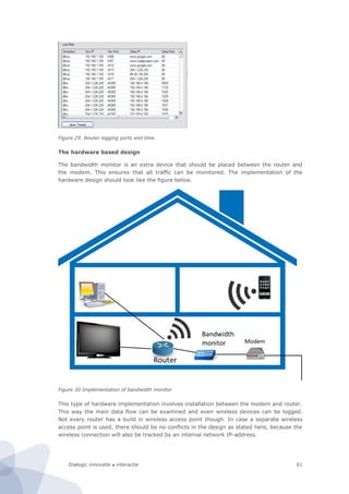 Dialogic innovatie ● interactie 61
Figure 29. Router logging ports and time
The hardware based design
The bandwidth monitor is an extra device that should be placed between the router and
the modem. This ensures that all traffic can be monitored. The implementation of the
hardware design should look like the figure below.
Figure 30 Implementation of bandwidth monitor
This type of hardware implementation involves installation between the modem and router.
This way the main data flow can be examined and even wireless devices can be logged.
Not every router has a build in wireless access point though. In case a separate wireless
access point is used, there should be no conflicts in the design as stated here, because the
wireless connection will also be tracked by an internal network IP-address.
 