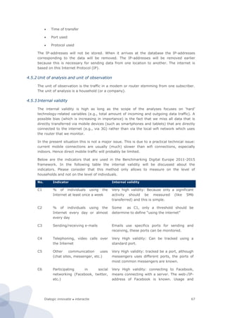 Dialogic innovatie ● interactie 67
 Time of transfer
 Port used
 Protocol used
The IP-addresses will not be stored. When it arrives at the database the IP-addresses
corresponding to the data will be removed. The IP-addresses will be removed earlier
because this is necessary for sending data from one location to another. The internet is
based on this Internet Protocol (IP).
4.5.2 Unit of analysis and unit of observation
The unit of observation is the traffic in a modem or router stemming from one subscriber.
The unit of analysis is a household (or a company).
4.5.3 Internal validity
The internal validity is high as long as the scope of the analyses focuses on ‘hard’
technology-related variables (e.g., total amount of incoming and outgoing data traffic). A
possible bias (which is increasing in importance) is the fact that we miss all data that is
directly transferred via mobile devices (such as smartphones and tablets) that are directly
connected to the internet (e.g., via 3G) rather than via the local wifi network which uses
the router that we monitor.
In the present situation this is not a major issue. This is due to a practical technical issue:
current mobile connections are usually (much) slower than wifi connections, especially
indoors. Hence direct mobile traffic will probably be limited.
Below are the indicators that are used in the Benchmarking Digital Europe 2011-2015
framework. In the following table the internal validity will be discussed about the
indicators. Please consider that this method only allows to measure on the level of
households and not on the level of individuals.
No. Indicator Internal validity
C1 % of individuals using the
Internet at least once a week
Very high validity: Because only a significant
activity should be measured (like 5Mb
transferred) and this is simple.
C2 % of individuals using the
Internet every day or almost
every day
Some as C1, only a threshold should be
determine to define “using the internet”
C3 Sending/receiving e-mails Emails use specifics ports for sending and
receiving, these ports can be monitored.
C4 Telephoning, video calls over
the Internet
Very High validity: Can be tracked using a
standard port.
C5 Other communication uses
(chat sites, messenger, etc.)
Very High validity: tracked be a port, although
messengers uses different ports, the ports of
most common messengers are known.
C6 Participating in social
networking (Facebook, twitter,
etc.)
Very High validity: connecting to Facebook,
means connecting with a server. The web-/IP-
address of Facebook is known. Usage and
 