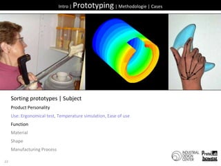 22Intro | Prototyping | Methodologie | CasesSorting prototypes | SubjectProduct PersonalityUse: Ergonomical test, Temperaturesimulation, Ease of useFunctionMaterialShapeManufacturingProcess