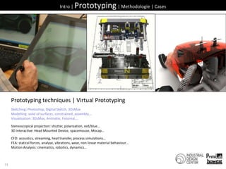 31Intro | Prototyping | Methodologie | CasesPrototyping techniques| Virtual PrototypingSketching: Photoshop, Digital Sketch, 3DsMaxModelling: solid of surfaces, constrained, assembly,…Visualisation: 3DsMax, Animatie, Fotoreal,…Stereoscopical projection: shutter, polarisation, red/blue…3D interactive: Head Mounted Device, spacemouse, Mocap…CFD: acoustics, streaming, heat transfer, process simulations…FEA: statical forces, analyse, vibrations, wear, non linear material behaviour…Motion Analysis: cinematics, robotics, dynamics…