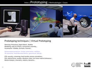 32Intro | Prototyping | Methodologie | CasesPrototyping techniques| Virtual PrototypingSketching: Photoshop, Digital Sketch, 3DsMaxModelling: solid of surfaces, constrained, assembly,…Visualisation: 3DsMax, Animatie, Fotoreal,…Stereoscopical projection: shutter, polarisation, red/blue…3D interactive: Head Mounted Device, spacemouse, Mocap…CFD: acoustics, streaming, heat transfer, process simulations…FEA: statical forces, analyse, vibrations, wear, non linear material behaviour…Motion Analysis: cinematics, robotics, dynamics…