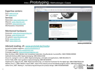 34Intro | Prototyping | Methodologie | CasesExpertise centers:Sirris: www.sirris.beTNO: www.tno.nlService:Materialise: www.materialise.comMbproto: www.mbproto.comLayerwise: www.layerwise.comKNS Roeselare / VosschemieMentioned hardware:Dimension: www.dimensionprinting.comStratasys: www.stratasys.com3D systems: www.3dsystems.comZcorp: www.zcorp.comObjet: www.2objet.comAdvised reading, cfr. www.protolab.be/media:Kunstof en Rubber magazine: www.kunststofonline.nlTCT magazine: www.time-compression.comPrototype magazine: www.prototypemagazine.comMarc De Moor, 2009. Werken met innovatievematerialen: Koudhardendekunststoffen. ISBN 9789081490900Gebhardt Andreas,2003. Rapid prototyping. ISBN 3446212590 Chua C.K.; Leong K.F.; Lim C.S.,2003. Rapid prototyping : principles and applications. ISBN 9812381171 Grimm Todd, 2004. User's guide to rapid prototyping. ISBN 0872636976 Hopkinson N.; Hague R.J.M., 2006. Rapid manufacturing : an industrial revolution for the digital age. ISBN 9780470016138 Wohlers Terry T., 2009. Wohlers report 2009 : state of the industry annual worldwide progress report. ISBN 0975442953LefteriChris, 2007. Making it : manufacturing techniques for product design. ISBN 9781856695060 www.protolab.be