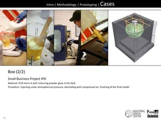 41Intro | Methodology | Prototyping | CasesBoo (2/2)Small Business Project IPOMaterial: PUR shore A withcolouringpowderglow in the darkProcedure: injectingunderatmosphericalpressure, demoldingwithcompressed air, finishing of the final model