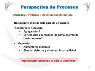 Procesos = Métricas = Oportunidad de mejora
Nos permite analizar cada paso de un proceso
Analizar si es necesario:
• Agrega valor?
• Es necesario por razones de cumplimiento de
ciertas normas?
• Mejorarlo:
• Aumentar la dinámica
• Eliminar defectos y disminuir la variabilidad
Implementar procesos es sólo el comienzo!
Perspectiva de Procesos
16
 