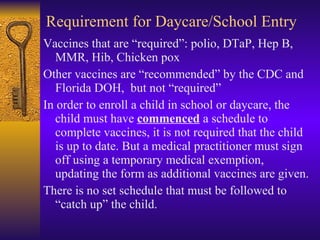 Requirement for Daycare/School Entry <ul><li>Vaccines that are “required”: polio, DTaP, Hep B, MMR, Hib, Chicken pox </li>...