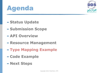 Agenda

- Status Update
- Submission Scope
- API Overview
- Resource Management
- Type Mapping Example
- Code Example
- Next Steps
                  Copyright 2010, PrismTech / RTI
 