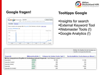 Google fragen!   Tooltipps Google

                 Insights for search
                 External Keyword Tool
                 Webmaster Tools (!)
                 Google Analytics (!)
 