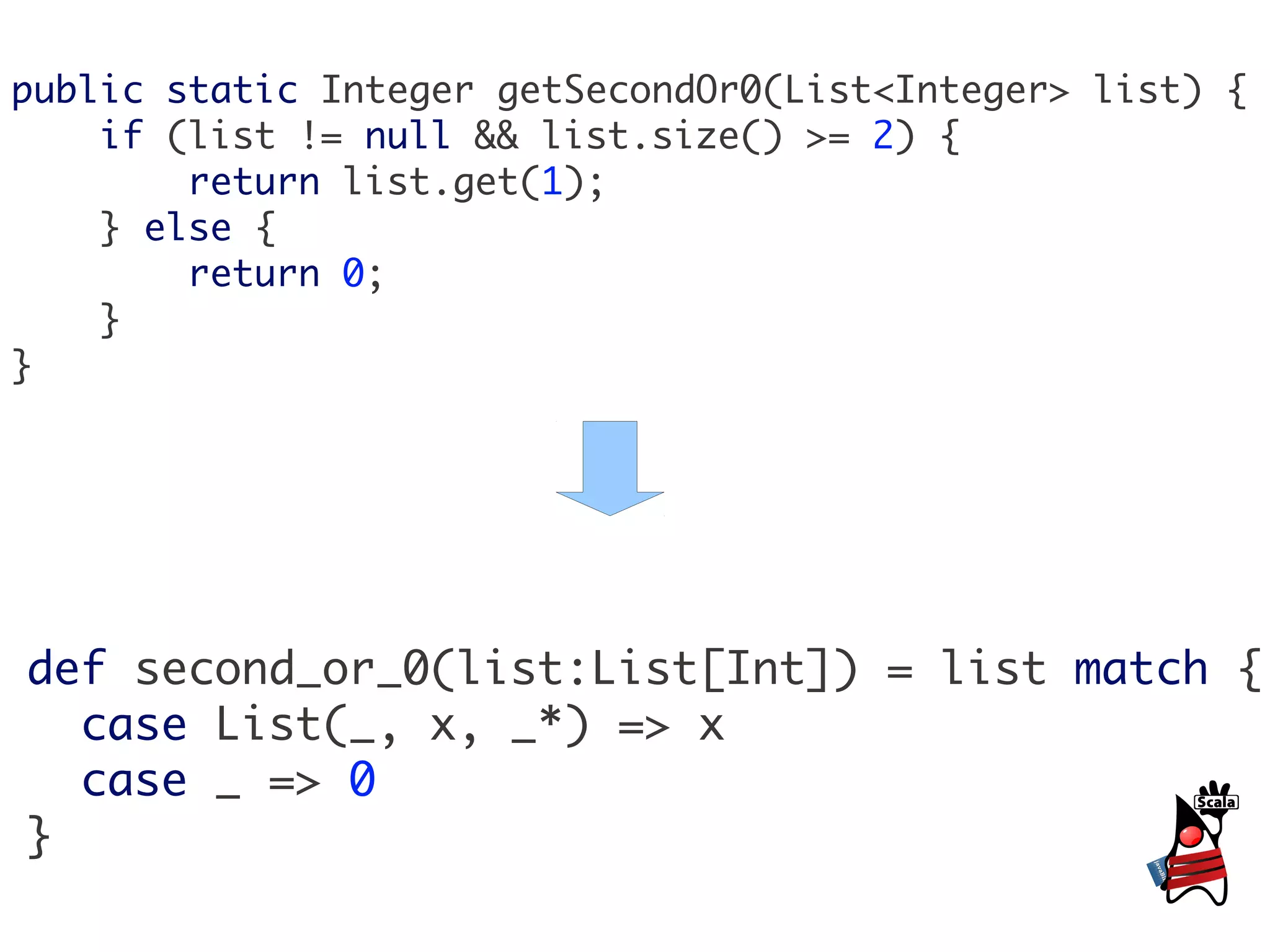 public static Integer getSecondOr0(List<Integer> list) {
    if (list != null && list.size() >= 2) {
        return list.get(1);
    } else {
        return 0;
    }
}




def second_or_0(list:List[Int]) = list match {
  case List(_, x, _*) => x
  case _ => 0
}
 