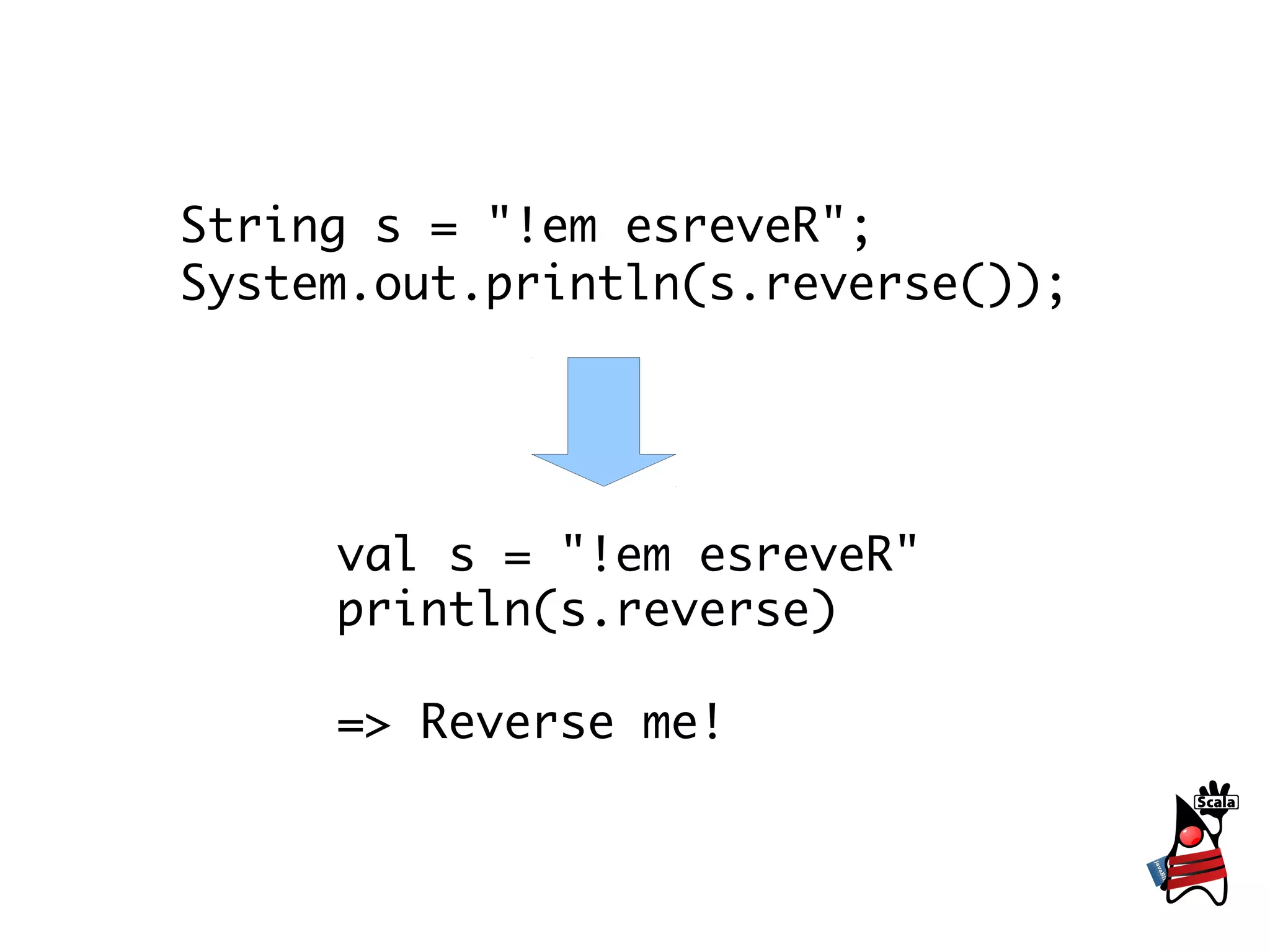 String s = "!em esreveR";
System.out.println(s.reverse());




     val s = "!em esreveR"
     println(s.reverse)

     => Reverse me!
 