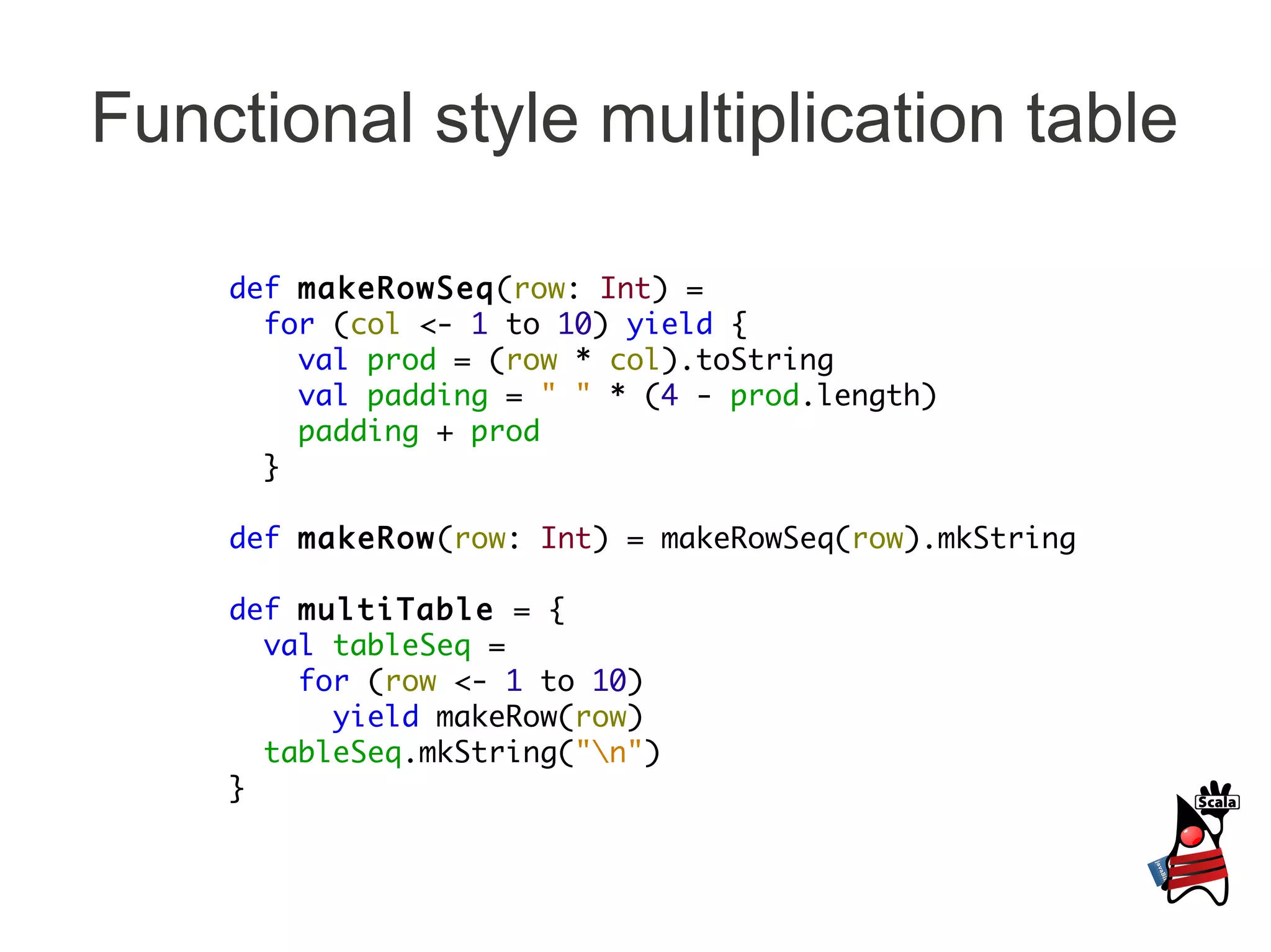 Functional style multiplication table

    def makeRowSeq(row: Int) =
      for (col <- 1 to 10) yield {
        val prod = (row * col).toString
        val padding = " " * (4 - prod.length)
        padding + prod
      }

    def makeRow(row: Int) = makeRowSeq(row).mkString

    def multiTable = {
      val tableSeq =
        for (row <- 1 to 10)
          yield makeRow(row)
      tableSeq.mkString("n")
    }
 