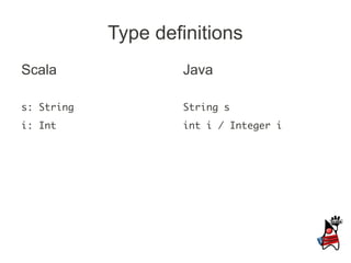 Type definitions
Scala               Java

s: String           String s
i: Int              int i / Integer i
 