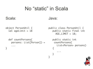 No “static” in Scala
Scala:                           Java:

object PersonUtil {              public class PersonUtil {
  val ageLimit = 18                 public static final int
                                      AGE_LIMIT = 18;

    def countPersons(                public static int
      persons: List[Person]) =         countPersons(
      ...                                List<Person> persons)
}                                    {
                                         ...
                                     }
                                 }
 
