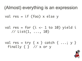 (Almost) everything is an expression
val res = if (foo) x else y


val res = for (i <- 1 to 10) yield i
   // List(1, ..., 10)


val res = try { x } catch { ...; y }
 finally { } // x or y
 