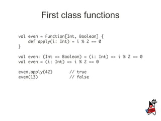 First class functions

val even = Function[Int, Boolean] {
    def apply(i: Int) = i % 2 == 0
}

val even: (Int => Boolean) = (i: Int) => i % 2 == 0
val even = (i: Int) => i % 2 == 0

even.apply(42)       // true
even(13)             // false
 