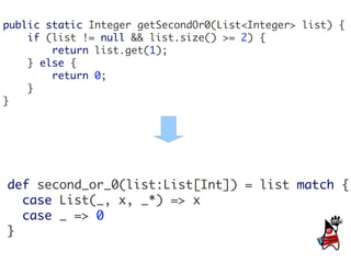 public static Integer getSecondOr0(List<Integer> list) {
    if (list != null && list.size() >= 2) {
        return list.get(1);
    } else {
        return 0;
    }
}




def second_or_0(list:List[Int]) = list match {
  case List(_, x, _*) => x
  case _ => 0
}
 
