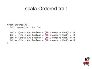 scala.Ordered trait

trait Ordered[A] {
  def compare(that: A): Int

    def   <    (that:   A):   Boolean   =   (this   compare   that)   <    0
    def   >    (that:   A):   Boolean   =   (this   compare   that)   >    0
    def   <=   (that:   A):   Boolean   =   (this   compare   that)   <=   0
    def   >=   (that:   A):   Boolean   =   (this   compare   that)   >=   0
}
 