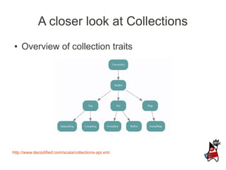 A closer look at Collections
 ●   Overview of collection traits




http://www.decodified.com/scala/collections-api.xml
 