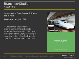 Branchen-Studien
Accenture

Investment in Open Source Software
Set to Rise,
Accenture, August 2010


“... more than two-thirds of
organizations (69%) anticipate
increased investment in 2010, with
more than a third (38%) expecting to
migrate mission-critical software to
open source in the next 12 months.“




19      15. September 2010   Open Source Software: Reif für den typischen CH KMU?
 