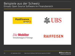 Beispiele aus der Schweiz
Einsatz Open Source Software im Finanzbereich




29    15. September 2010   Open Source Software: Reif für den typischen CH KMU?
 