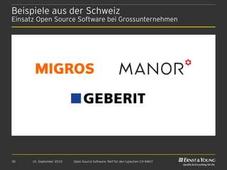 Beispiele aus der Schweiz
Einsatz Open Source Software bei Grossunternehmen




30    15. September 2010   Open Source Software: Reif für den typischen CH KMU?
 