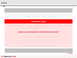 Índice Contexto Internacional ¿Qué va a pasar con el mundo y en particular hay que preocuparse por una nueva recesión en Estados Unidos? Contexto local ¿Qué va a pasar con el nivel de actividad? ¿Porqué crecimos y porqué creceríamos en 2011? ¿Cómo va a evolucionar el comercio exterior? ¿Qué va a pasar con las cuentas del gobierno? ¿Cuáles son las perspectivas para el dólar? ¿La inflación continuará elevada? Conclusiones ¿Cómo afecta el ciclo político de aquí en adelante? 