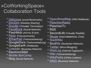      *  Delicious   (social Bookmarks)     *  DimDim   (Desktop Sharing)     *  Doodle   (Virtueller Terminplan)     *  FaceBook   (Social Network)     * FlashMob  (Ad-hoc Event)     *  Flickr   (Fotocommunity)     *  iEtherPad   (Textverarbeitung)      * GoogleDocs  (Textverarbeitung)     * GoogleEarth  (Weltkarte)     *  LinkedIn  (Business Network)     * ElectronicMail       *  Mobile BarCamp     * Ning  (Social Network)      *  OpenStreetMap  (Wiki-Weltkarte)     *  PieschenRadio       * PieschenTv     * RSS     * SecondLife  (Virtuelle Realität)     *  Skype   (Internettelefonie, Chat)     *  StadtWiki     * StudiVz  (Studenten Network)     *  Twitter   (Micro-Blogging)     *  WebLog   (Internet-Tagebuch)     *  Wiki   (Textverarbeitung)     *  WikiPedia  (Online Lexikon)     *  XING   (Business Network) »CoWorkingSpace«   Collaboration Tools  