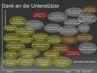 Dank an die Unterstützer PeterStawowy Presseclub-Dresden AlexanderFriedland Twiddern.de MarcoDziallas Creosphäre Prof.  RalphSonntag HtwDresden DavidOrban SingularityUniversit, I PeterSenge SoL, MIT Sloa, US PeterTeichmann StadtDresden Regklam WilhemZoergiebel Gebäudeensemble Hellerau JensBemme BiotypeAG, Studentenstiftung Prof.  PeterEberle HtwDresden Prof.  ArturFriedrich HtwDresden GuentherPortnue AIK Dresden Prof.  MartinGaedke TuChemnitz KerstinTrautmann FutureSax MarcellaGaeb TSystemsMms SoerenRogoll Echologic AchimBonte SlUb JensKrzywinski Technisches Design, TuDresden Prof.  JohnSterman MIT Sloan, US Regionalität Zukunftsausrichtung JohannesPartanen TeamAcademy, FIN RobbieSchingler NasaAmes  Research Center, US Dresden Europa Und viele viele mehr:) Welt MarigoRaftopoulos Consultant, AUS BobbieCarlton MassInnovationNights AndreasSchanzenbach Chromatics HolgerHelas SaxoniaSystems JamesLyneis WPI, US JayForrester MIT Sloan, US RayKurzweil KurzweilAi VilleKeraenen MonkeyBusiness PeterClaussen ex BMW Leipzig EdgarSchein MiIT Sloan, US 