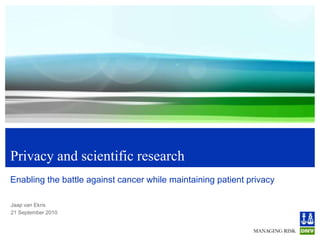 Privacy and scientific research Enabling the battle against cancer while maintaining patient privacy Jaap van Ekris 21 September 2010 