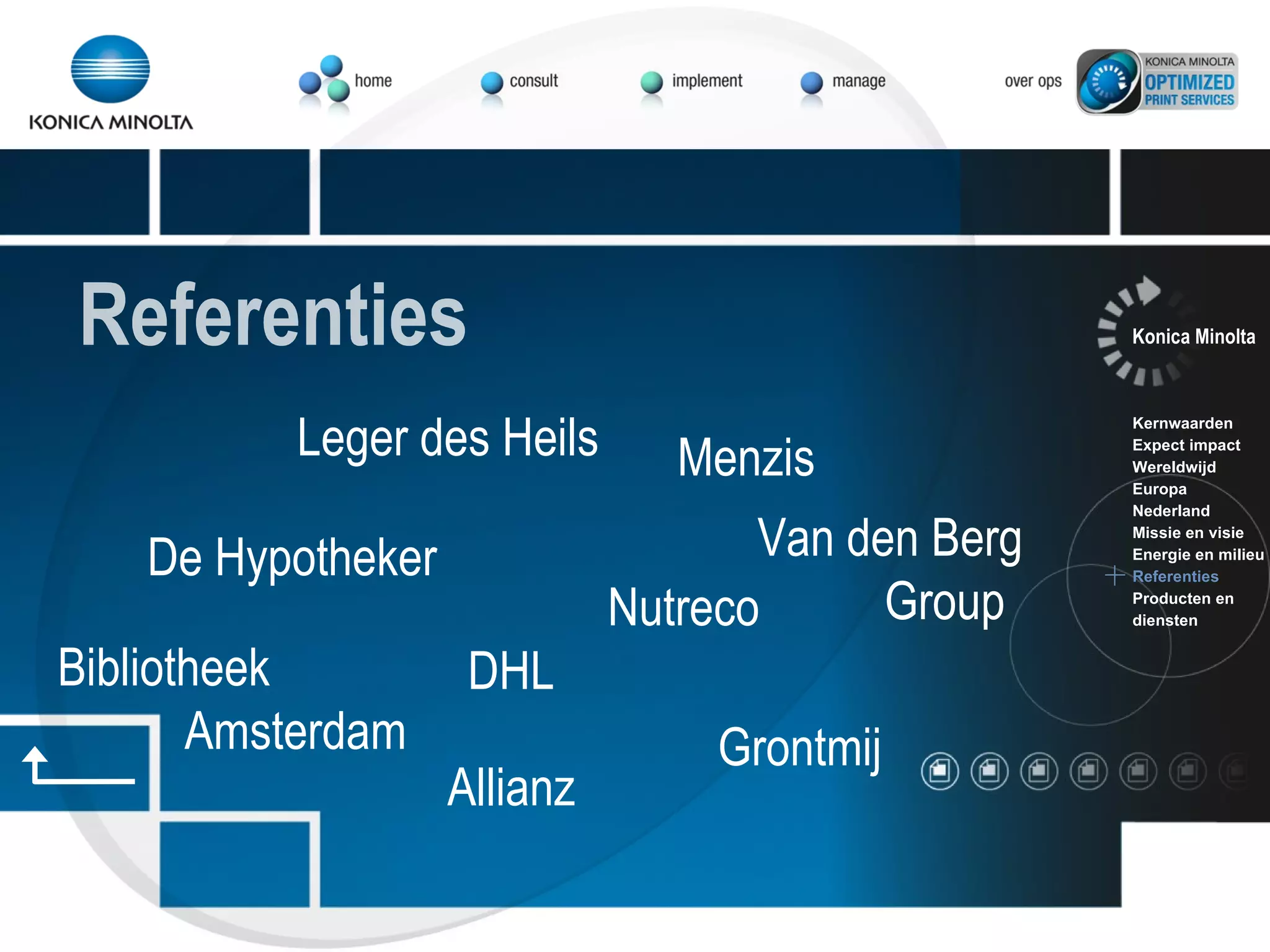 Menzis Leger des Heils Van den Berg Group Nutreco Grontmij Bibliotheek Amsterdam Allianz DHL De Hypotheker Referenties Konica Minolta Kernwaarden Expect impact Wereldwijd Europa Nederland Missie en visie Energie en milieu Referenties Producten en  diensten 