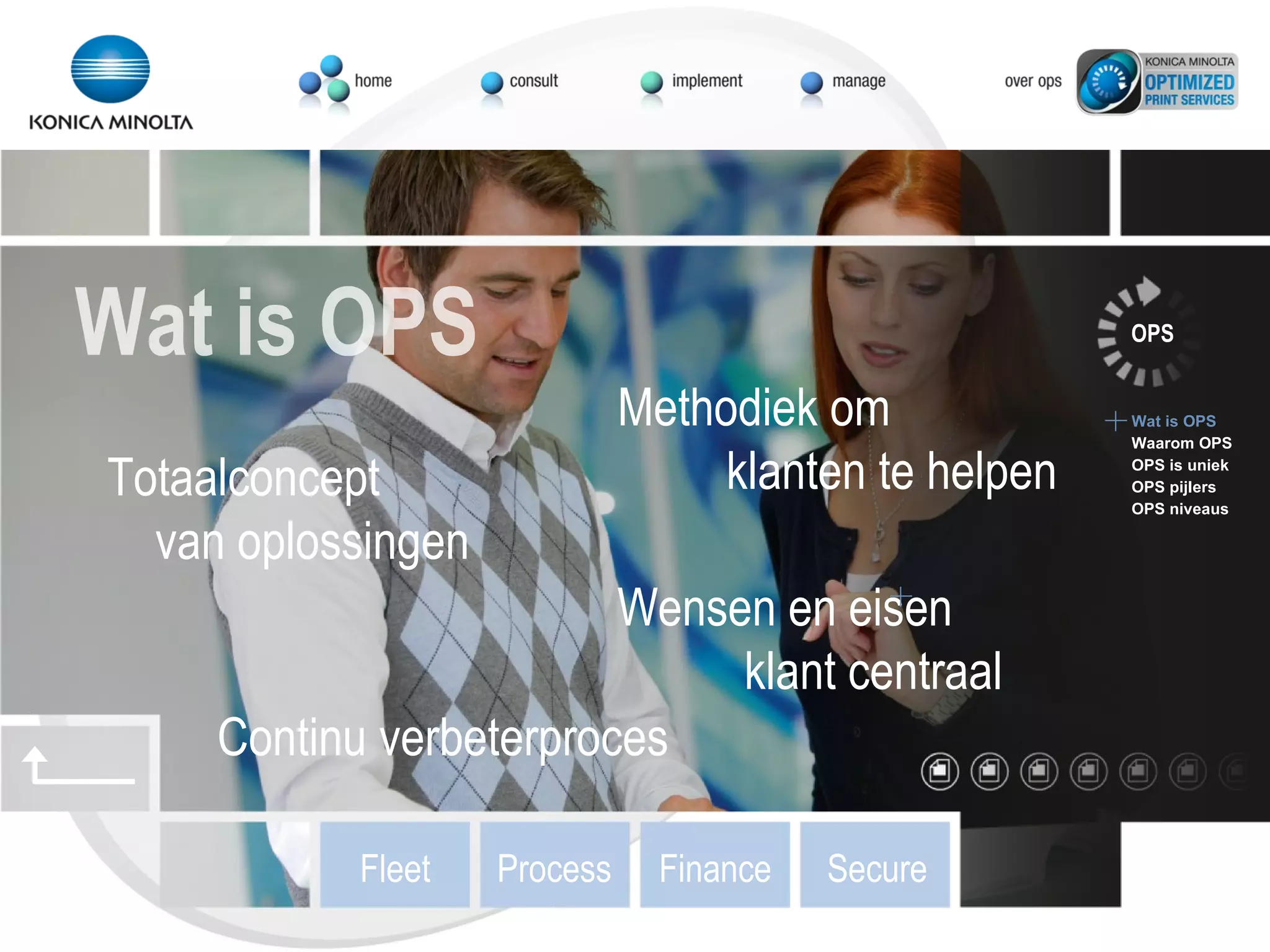 Totaalconcept van oplossingen Methodiek om klanten te helpen Wensen en eisen klant centraal Continu verbeterproces OPS Wat is OPS Waarom OPS OPS is uniek OPS pijlers OPS niveaus Wat is OPS Fleet Process Finance Secure 