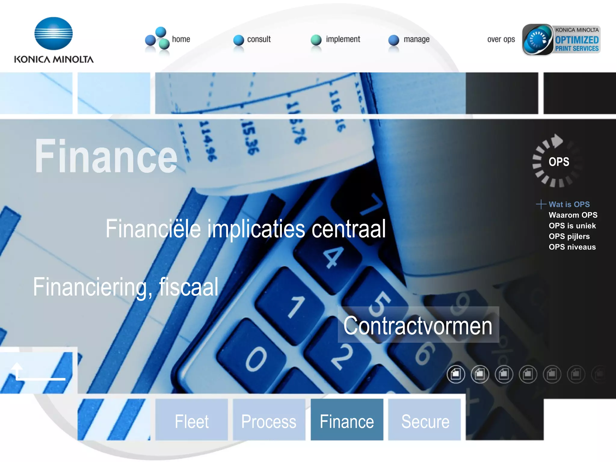 Financiële implicaties centraal Financiering, fiscaal Contractvormen OPS Wat is OPS Waarom OPS OPS is uniek OPS pijlers OPS niveaus Finance Fleet Process Finance Secure 