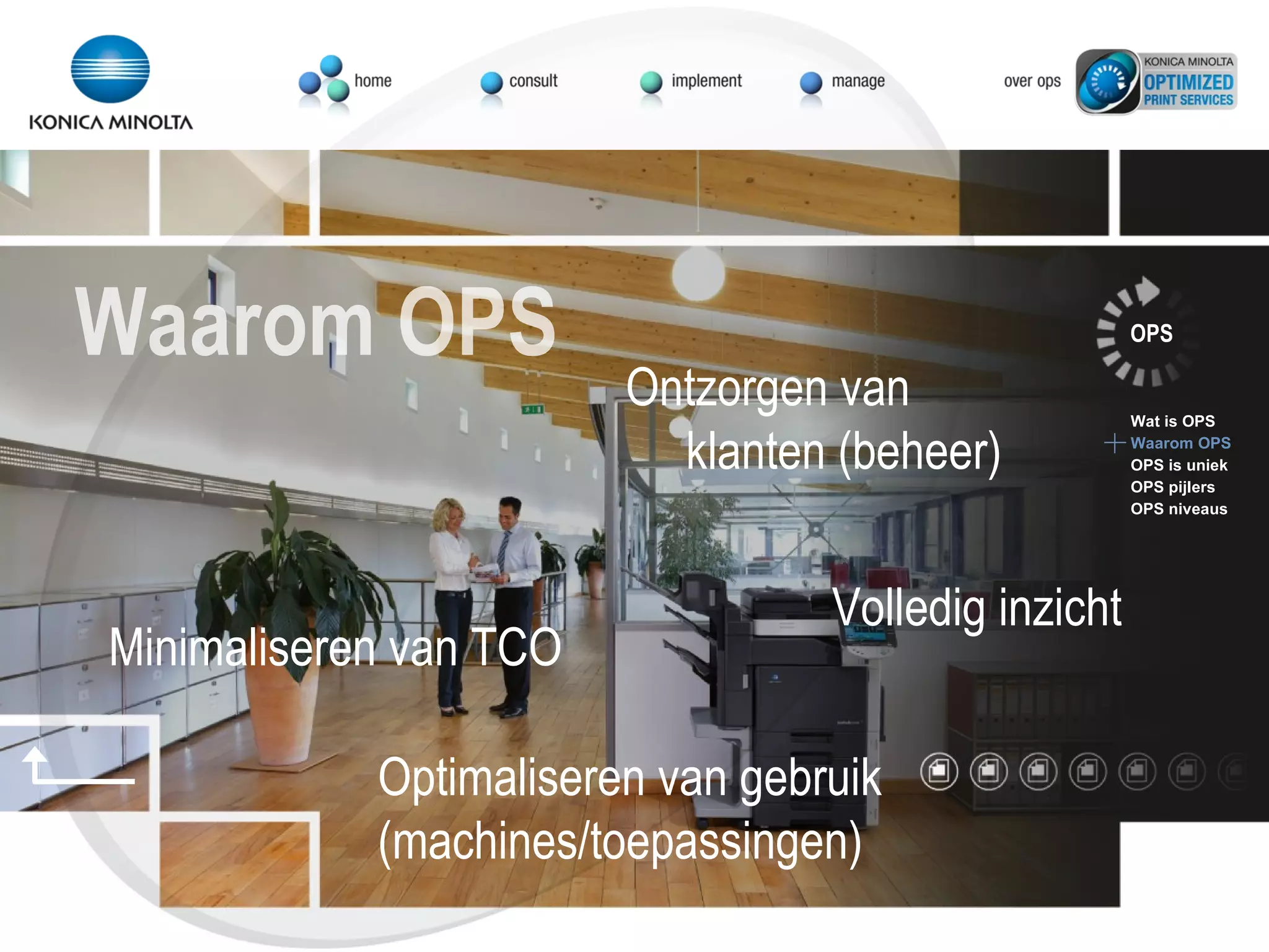 Minimaliseren van TCO Ontzorgen van klanten (beheer) Volledig inzicht Optimaliseren van gebruik (machines/toepassingen) OPS Wat is OPS Waarom OPS OPS is uniek OPS pijlers OPS niveaus Waarom OPS 