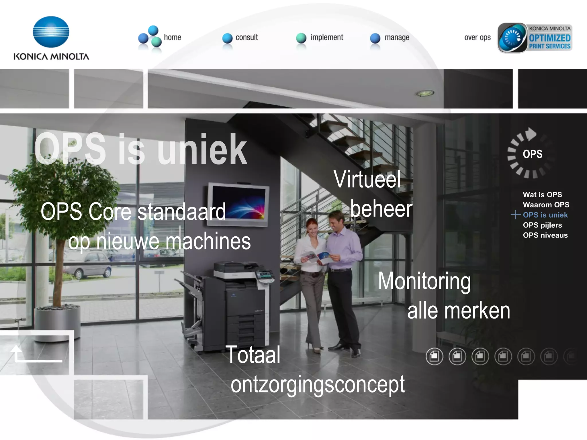 OPS Core standaard op nieuwe machines Virtueel beheer Totaal ontzorgingsconcept OPS Wat is OPS Waarom OPS OPS is uniek OPS pijlers OPS niveaus OPS is uniek Monitoring alle merken 
