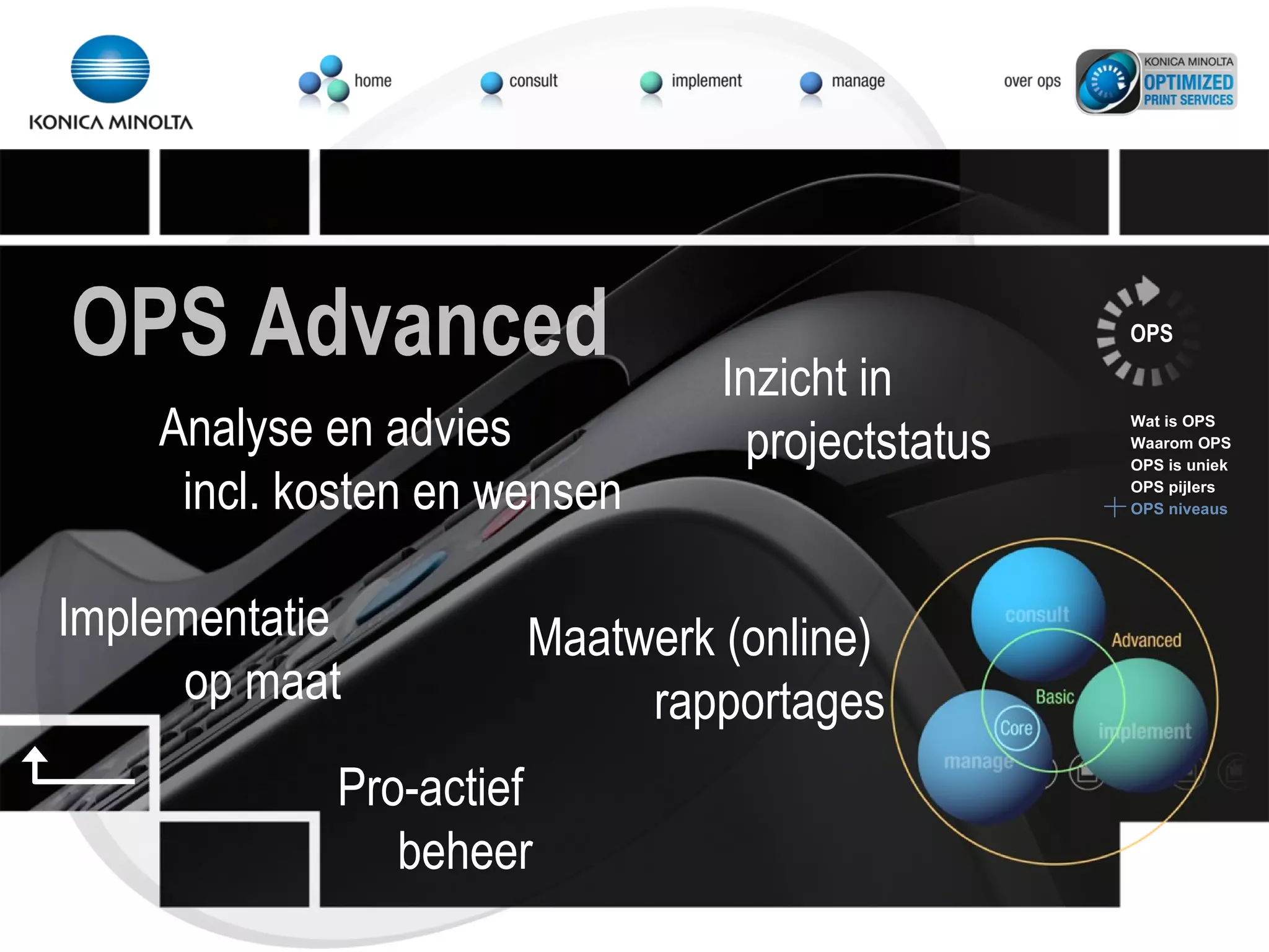 Analyse en advies  incl. kosten en wensen Inzicht in  projectstatus Implementatie op maat Maatwerk (online) rapportages Pro-actief  beheer OPS Wat is OPS Waarom OPS OPS is uniek OPS pijlers OPS niveaus OPS Advanced 