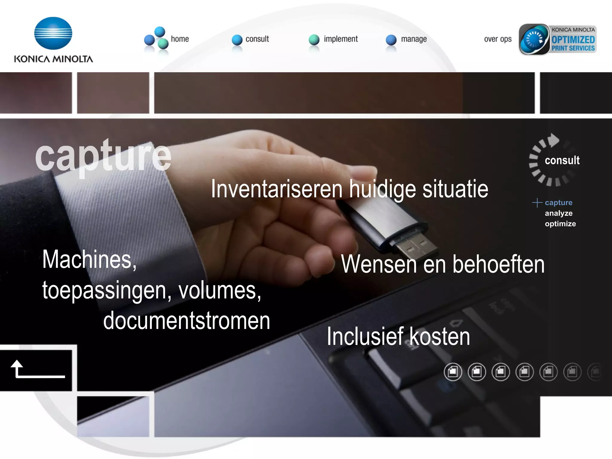 Inventariseren huidige situatie consult capture analyze optimize capture Machines, toepassingen, volumes, documentstromen Wensen en behoeften Inclusief kosten 