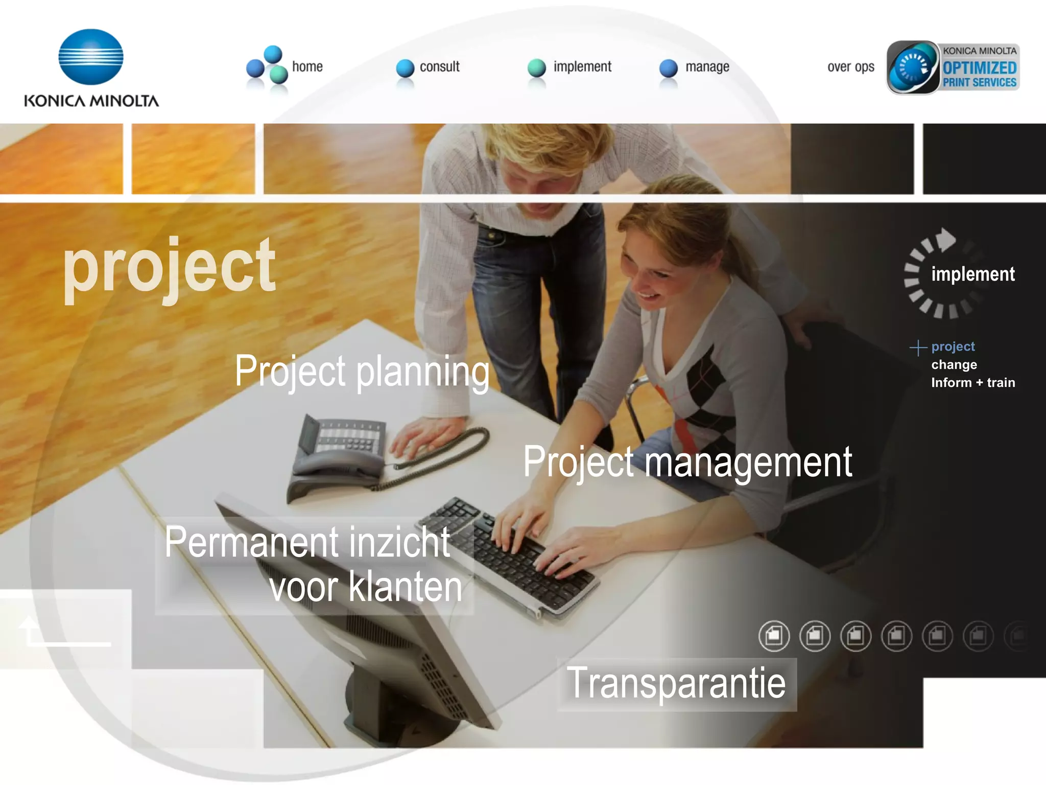 Permanent inzicht voor klanten Transparantie project implement project change Inform + train Project planning Project management 