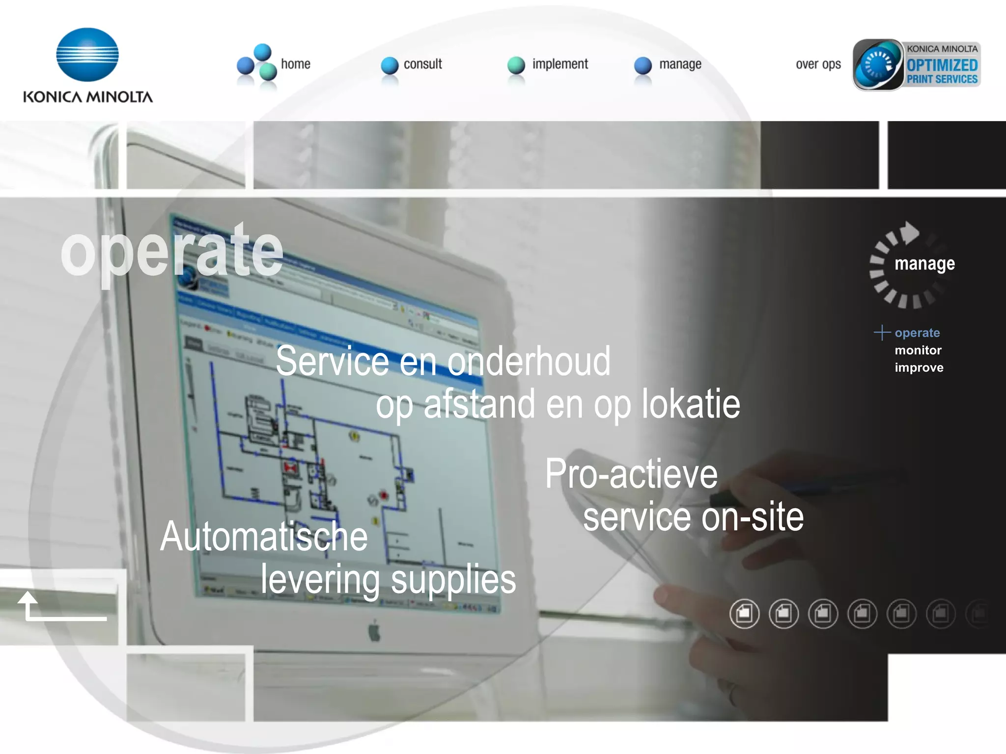 manage operate monitor improve operate Automatische  levering supplies Service en onderhoud op afstand en op lokatie Pro-actieve  service on-site 