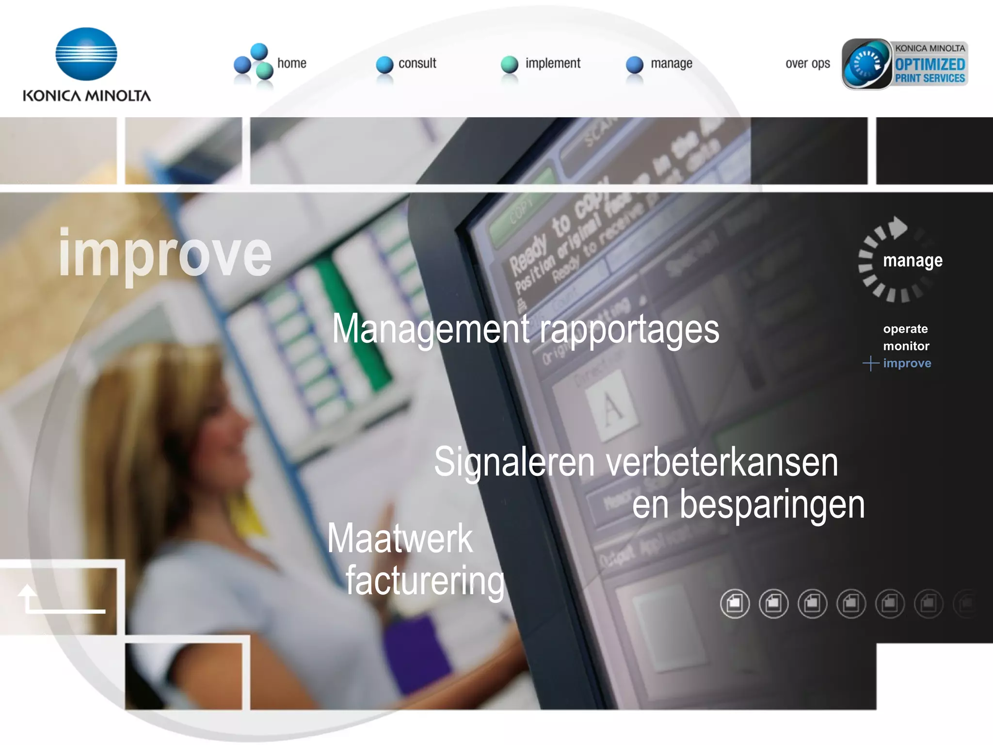 manage operate monitor improve improve Signaleren verbeterkansen en besparingen Management rapportages Maatwerk facturering 