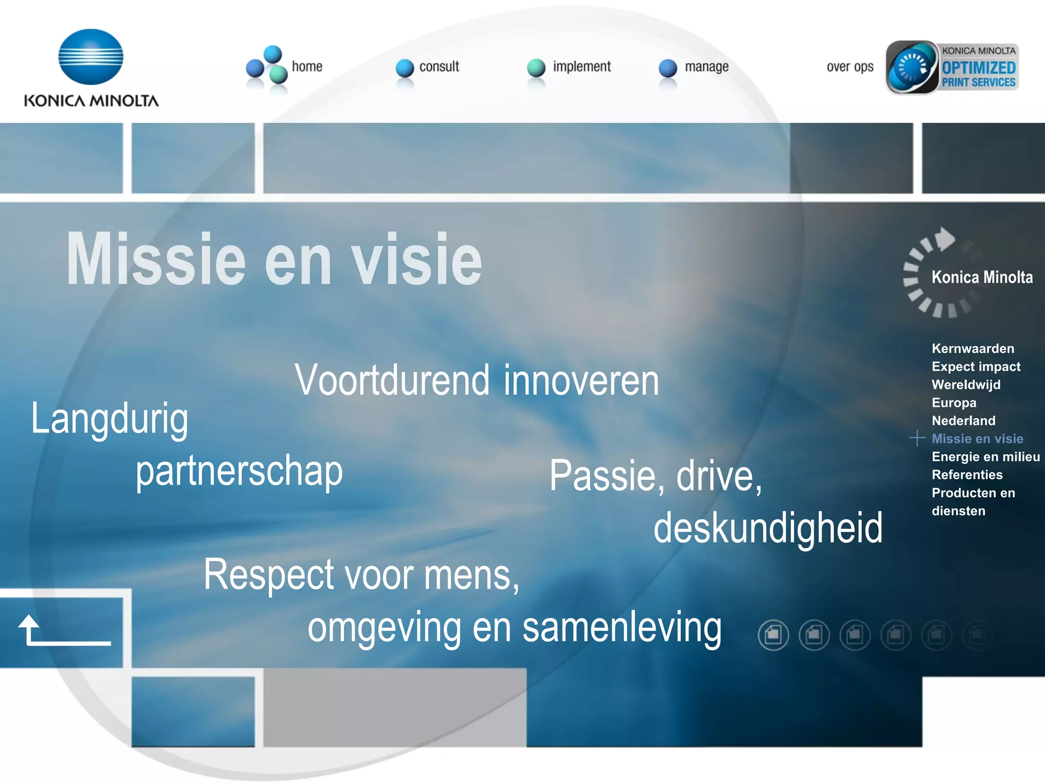 Respect voor mens, omgeving en samenleving Voortdurend innoveren Passie, drive, deskundigheid Langdurig partnerschap Missie en visie Konica Minolta Kernwaarden Expect impact Wereldwijd Europa Nederland Missie en visie Energie en milieu Referenties Producten en  diensten 