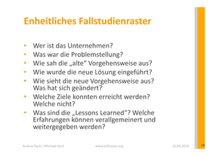 Enheitliches	
  Fallstudienraster	
  

 •  Wer	
  ist	
  das	
  Unternehmen?	
  
 •  Was	
  war	
  die	
  Problemstellung?	
  
 •  Wie	
  sah	
  die	
  „alte“	
  Vorgehensweise	
  aus?	
  
 •  Wie	
  wurde	
  die	
  neue	
  Lösung	
  eingeführt?	
  
 •  Wie	
  sieht	
  die	
  neue	
  Vorgehensweise	
  aus?	
  	
  
    Was	
  hat	
  sich	
  geändert?	
  
 •  Welche	
  Ziele	
  konnten	
  erreicht	
  werden?	
  	
  
    Welche	
  nicht?	
  
 •  Was	
  sind	
  die	
  „Lessons	
  Learned“?	
  Welche	
  
    Erfahrungen	
  können	
  verallgemeinert	
  und	
  
    weitergegeben	
  werden?	
  	
  

Andrea	
  Back	
  /	
  Michael	
  Koch	
     www.e20cases.org	
     16.09.2010	
     14	
  
 