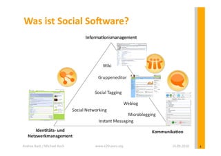 Was	
  ist	
  Social	
  So?ware?	
  
                                                      InformaEonsmanagement	
  




                                                                 Wiki	
  

                                                              Gruppeneditor	
  


                                                            Social	
  Tagging	
  

                                                                                    Weblog	
  
                                             Social	
  Networking	
  
                                                                               Microblogging	
  
                                                              Instant	
  Messaging	
  
        IdenEtäts-­‐	
  und	
                                                                    KommunikaEon	
  
     Netzwerkmanagement	
  

Andrea	
  Back	
  /	
  Michael	
  Koch	
                    www.e20cases.org	
                             16.09.2010	
     4	
  
 