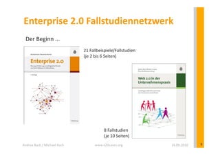 Enterprise	
  2.0	
  Fallstudiennetzwerk	
  
   Der	
  Beginn	
  ...	
  
                                             21	
  Fallbeispiele/Fallstudien	
  
                                             (je	
  2	
  bis	
  6	
  Seiten)	
  




                                                          8	
  Fallstudien	
  
                                                          (je	
  10	
  Seiten)	
  
Andrea	
  Back	
  /	
  Michael	
  Koch	
            www.e20cases.org	
               16.09.2010	
     9	
  
 