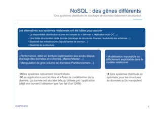 NoSQL : des gênes différents
Des systèmes distribués de stockage de données faiblement structurées

Les alternatives aux systèmes relationnels ont été bâties pour assurer
- La disponibilité (distribution & prise en compte du « fail-over », réplication multi-DC…)
- Une faible structuration de la donnée (stockage de structures diverses, évolutivité des schémas…)
- Elasticité des infrastructures (ajouts/pertes de serveur…)
- Elasticité de la structure

- Performance, débit en écriture (optimisation des accès disque,
stockage des données en colonnes, Master/Master…)
- Manipulation de gros volume de données (Partitionnement…)

- Modélisation impossible ou
difficilement exploitable dans le
modèle relationnel

 Des systèmes nativement décentralisés
 Les applications sont écrites et influent la modélisation de la
donnée. La donnée est stockée telle qu’utilisée par l’application
(déjà vrai suivant l’utilisation que l’on fait d’un ORM)

 Des systèmes distribués et
optimisés pour les structures
de données qu’ils manipulent

© OCTO 2010

7

 