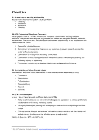 5 Value Criteria

5.1 Scholarship of teaching and learning
Boyers model of scholarship (Nibert n.d.; Boyer 1997):
     Discovery
     Integration
     Application
     Teaching



5.2 HEA Professional Standards Framework
Value systems, such as The HEA Professional Standards Framework for teaching in higher
          1
education , may influence the way that programmes and courses are designed, delivered, assessed
and evaluated. The course asks that participants demonstrate understanding of and engagement with
these professional values:

       1. Respect for individual learners
       2. Commitment to incorporating the process and outcomes of relevant research, scholarship
           and/or professional practice
       3. Commitment to development of learning communities
       4. Commitment to encouraging participation in higher education, acknowledging diversity and
           promoting equality of opportunity
       5. Commitment to continuing professional development and evaluation of practice



5.3 Instrumental and other-directed values
Instrumental v. end-state values; self-directed v. other-directed values (see Rokeach 1973)
          Compassion
          Determination
          Professionalism
          Resourcefulness
          Respect
          Solidarity

5.4 QCF Level descriptors
M-level = Level 7: post graduate certificate, diploma and MSc
          Ability to reformulate and use relevant methodologies and approaches to address problematic
           situations that involve many interacting factors
          Taking responsibility for planning and developing courses of action underpinning substantial
           change
          Critically analyse, interpret and evaluate complex information, concepts and theories as they
           apply to current developments that affect the areas of work or study
(QAA n.d.; QAA n.d.; QAA n.d.; QCF n.d.)




1
    HEA UK Professional standards framework: www.heacademy.ac.uk/ourwork/policy/framework
 