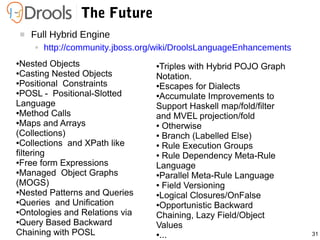 31
The Future
 Full Hybrid Engine
● http://community.jboss.org/wiki/DroolsLanguageEnhancements
●Nested Objects
●Casting Nested Objects
●Positional Constraints
●POSL - Positional-Slotted
Language
●Method Calls
●Maps and Arrays
(Collections)
●Collections and XPath like
filtering
●Free form Expressions
●Managed Object Graphs
(MOGS)
●Nested Patterns and Queries
●Queries and Unification
●Ontologies and Relations via
●Query Based Backward
Chaining with POSL
●Triples with Hybrid POJO Graph
Notation.
●Escapes for Dialects
●Accumulate Improvements to
Support Haskell map/fold/filter
and MVEL projection/fold
● Otherwise
● Branch (Labelled Else)
● Rule Execution Groups
● Rule Dependency Meta-Rule
Language
●Parallel Meta-Rule Language
● Field Versioning
●Logical Closures/OnFalse
●Opportunistic Backward
Chaining, Lazy Field/Object
Values
●...
 