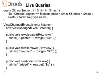 50
Live Queries
query (String $region, int $min, int $max ) {
$c : Cheese( region == $region, price > $min && price < $max )
exists( StockItem( type == $c )
}
ViewChangedEventListener listener =
new ViewChangedEventListener() {
public void rowUpdated(Row row) {
println( "updated" + row.get( "$c" ) );
}
public void rowRemoved(Row row) {
println( "removed" + row.get( "$c" ) );
}
public void rowAdded(Row row) {
println( "added" + row.get( "$c" ) );
}
};
 