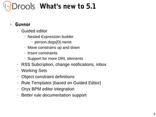 6
What's new to 5.1
 Guvnor
● Guided editor
● Nested Expression builder
● person.dogs[0].name
● Move constrains up and down
● Insert constraints
● Support for more DRL elements
● RSS Subcription, change notifications, inbox
● Working Sets
● Object constraint definitions
● Rule Templates (based on Guided Editor)
● Oryx BPM editor integration
● Better rule documentation support
 